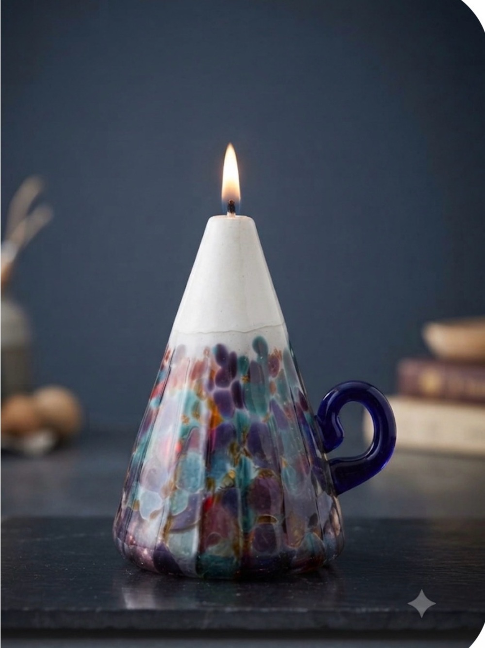 Wimberley- Handblown Multicolor Glass Cone lamp/Candle Holder with Cobalt Handle